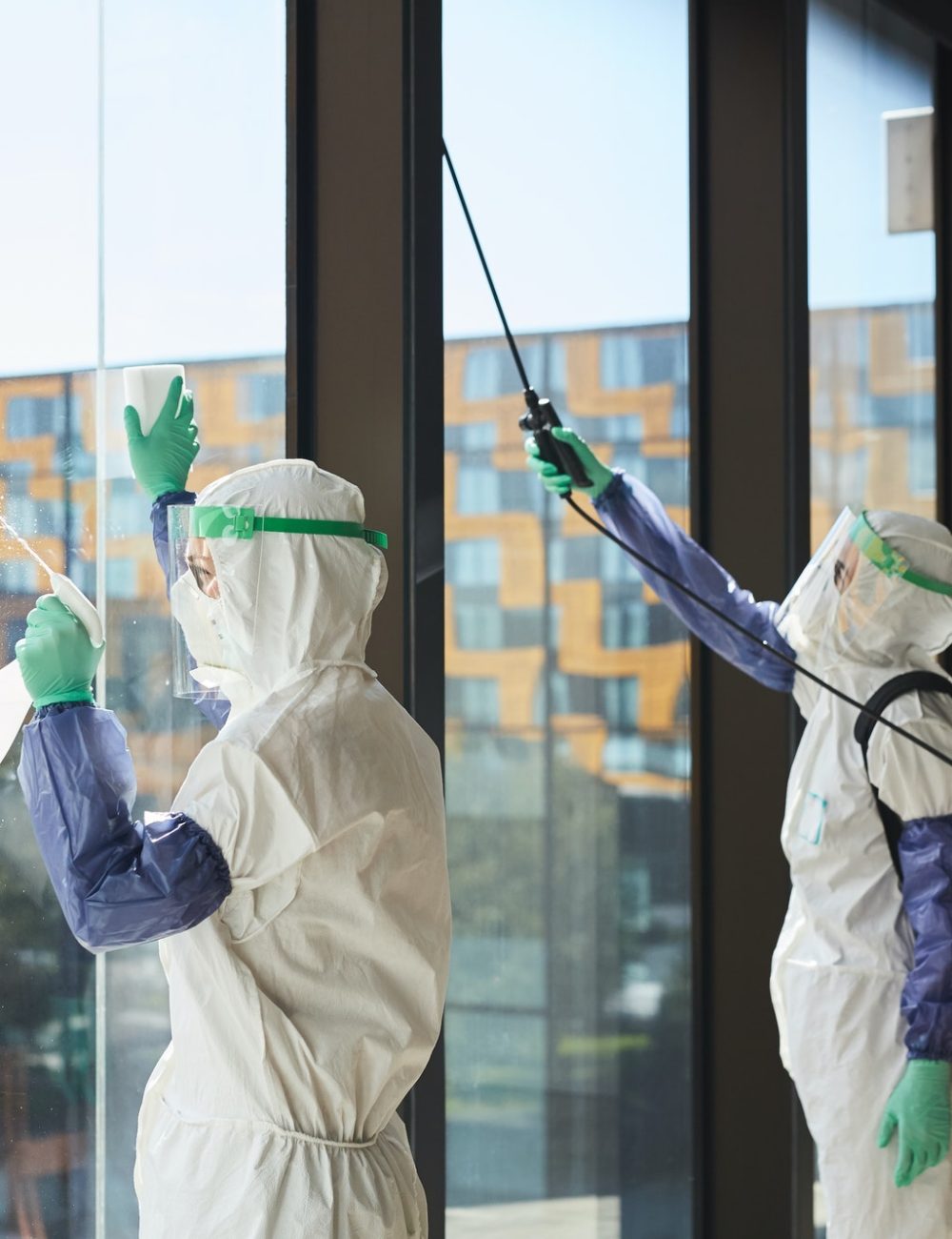 Cleaning Workers Disinfecting Windows in Office
